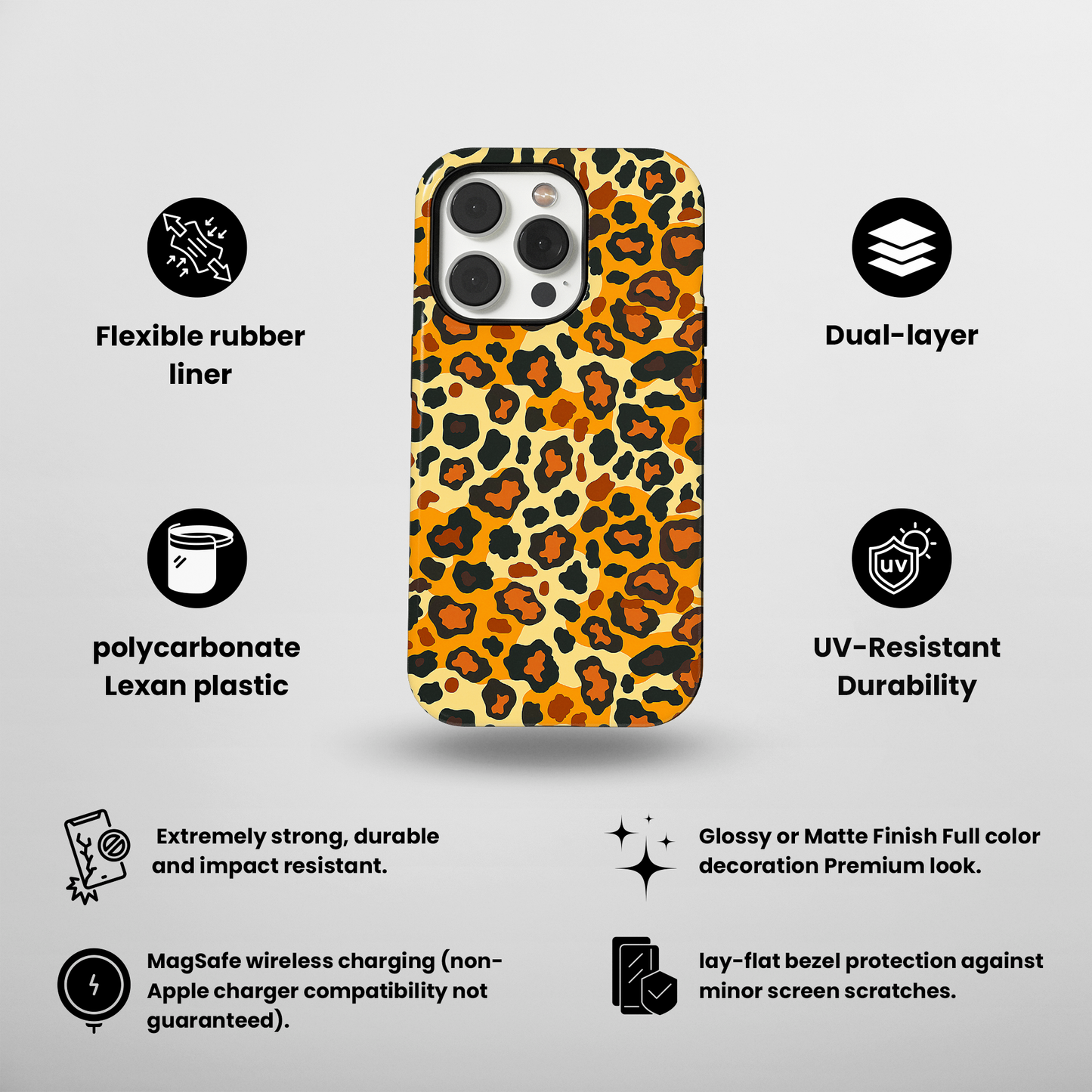 Versatile Safari Chic iPhone MagSafe Case, shown with MagSafe charger, for iPhone 13 to 15 models including Mini and Max.