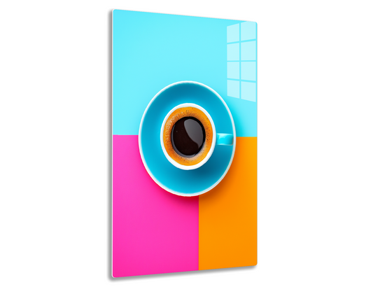 A blue cup filled with black coffee on a colorful pink and orange background, creating a vibrant and minimalist composition.
