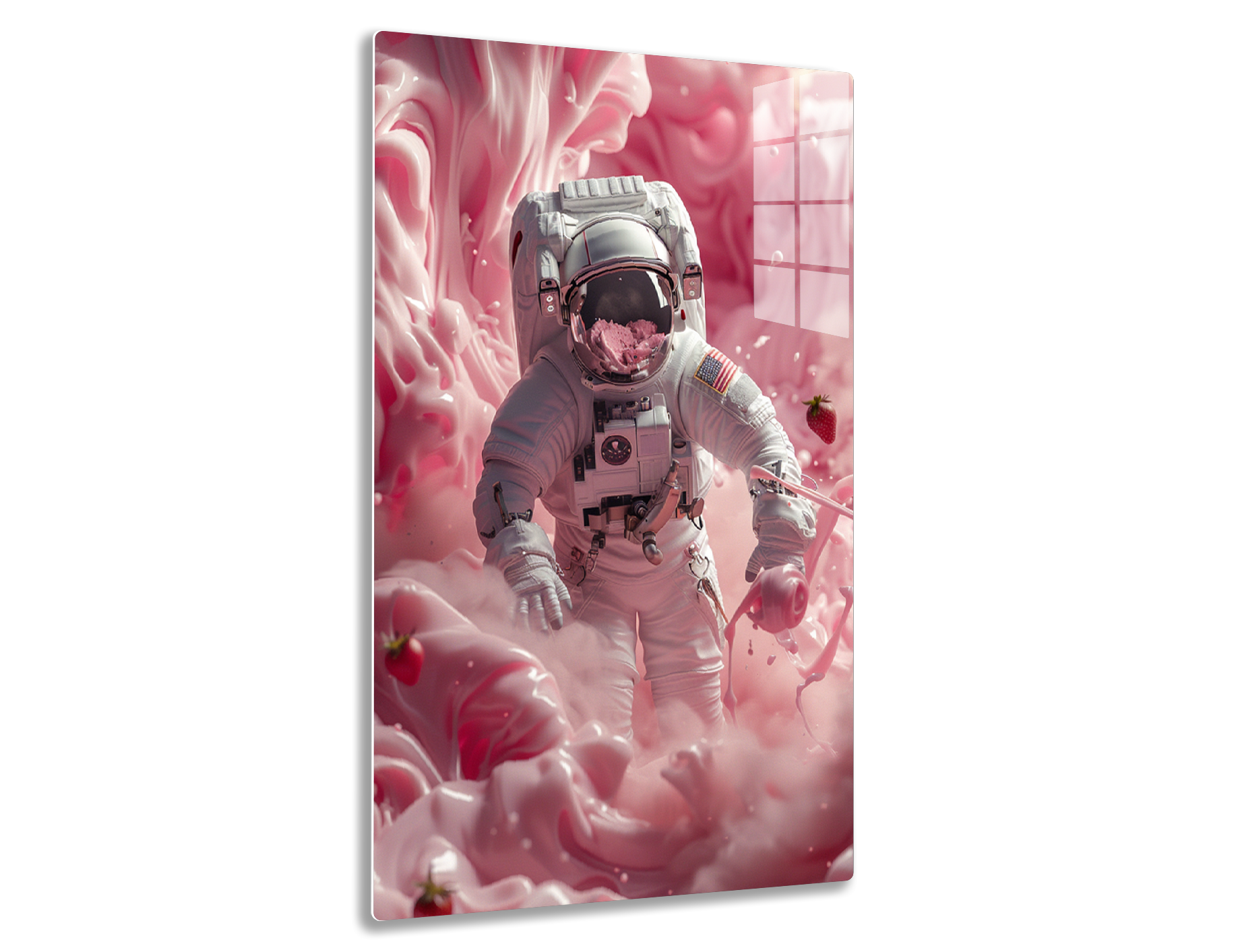 An astronaut in a pink cosmic environment, surrounded by strawberry liquid and floating strawberries, creating a surreal and dreamlike atmosphere.
