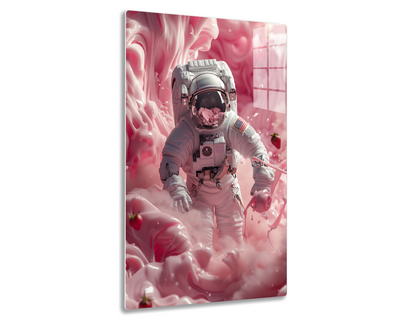 An astronaut in a pink cosmic environment, surrounded by strawberry liquid and floating strawberries, creating a surreal and dreamlike atmosphere.
