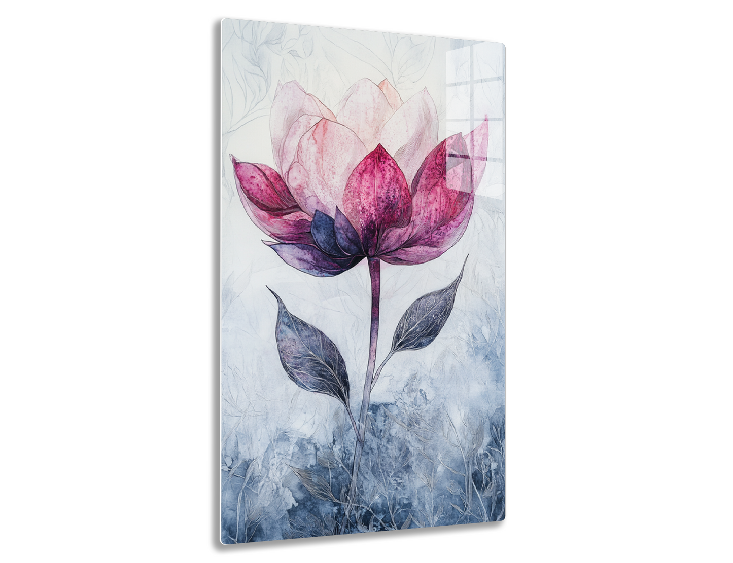 A delicate watercolor painting of a vibrant pink and purple lotus flower with intricate detailing on its petals, set against a soft blue and gray background with leaf patterns.
