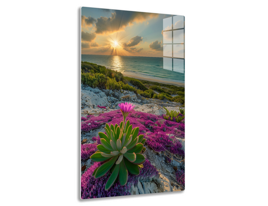 A scenic beach at sunset, with a lush green succulent plant and vibrant pink ground cover in the foreground, overlooking the turquoise ocean waters reflecting the golden sun rays peeking through dramatic clouds.
