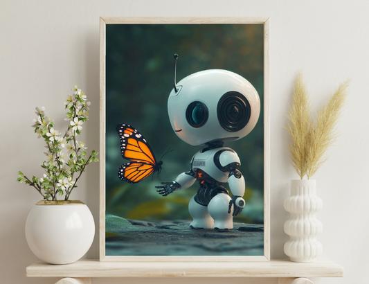 A robot with a large head and big eyes is gently holding an orange and black monarch butterfly on its outstretched hand, exhibiting a tender interaction between technology and nature.
