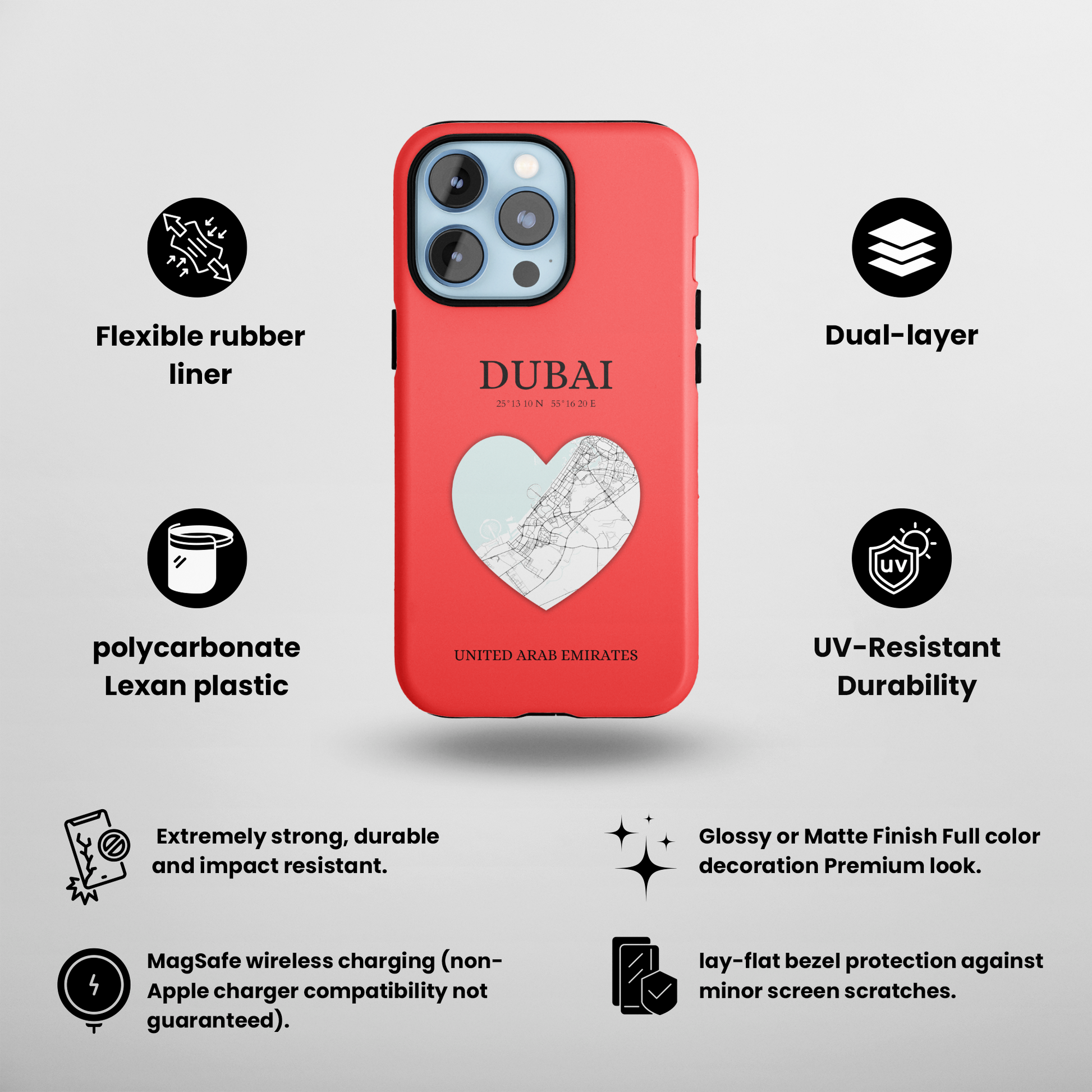 Dubai Heartbeat - Red (iPhone MagSafe Case)Elevate your iPhone's style with the Dubai Heartbeat Red MagSafe Case, offering robust protection, MagSafe compatibility, and a choice of matte or glossy finish. PerRimaGallery