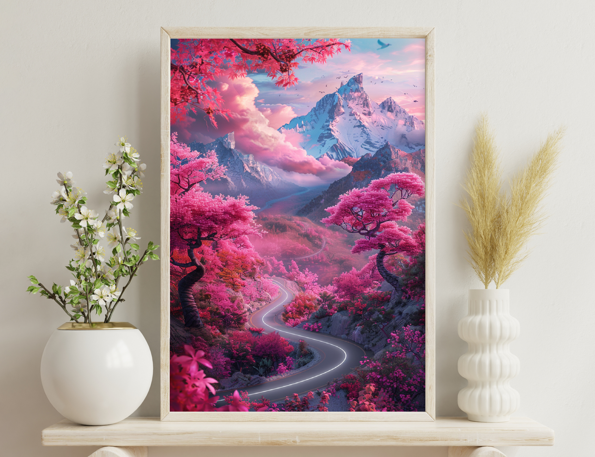 A stunning landscape with towering snow-capped mountains, pink cherry blossom trees lining a winding road, and vibrant clouds in the sky creating a dreamlike, picturesque scene.

