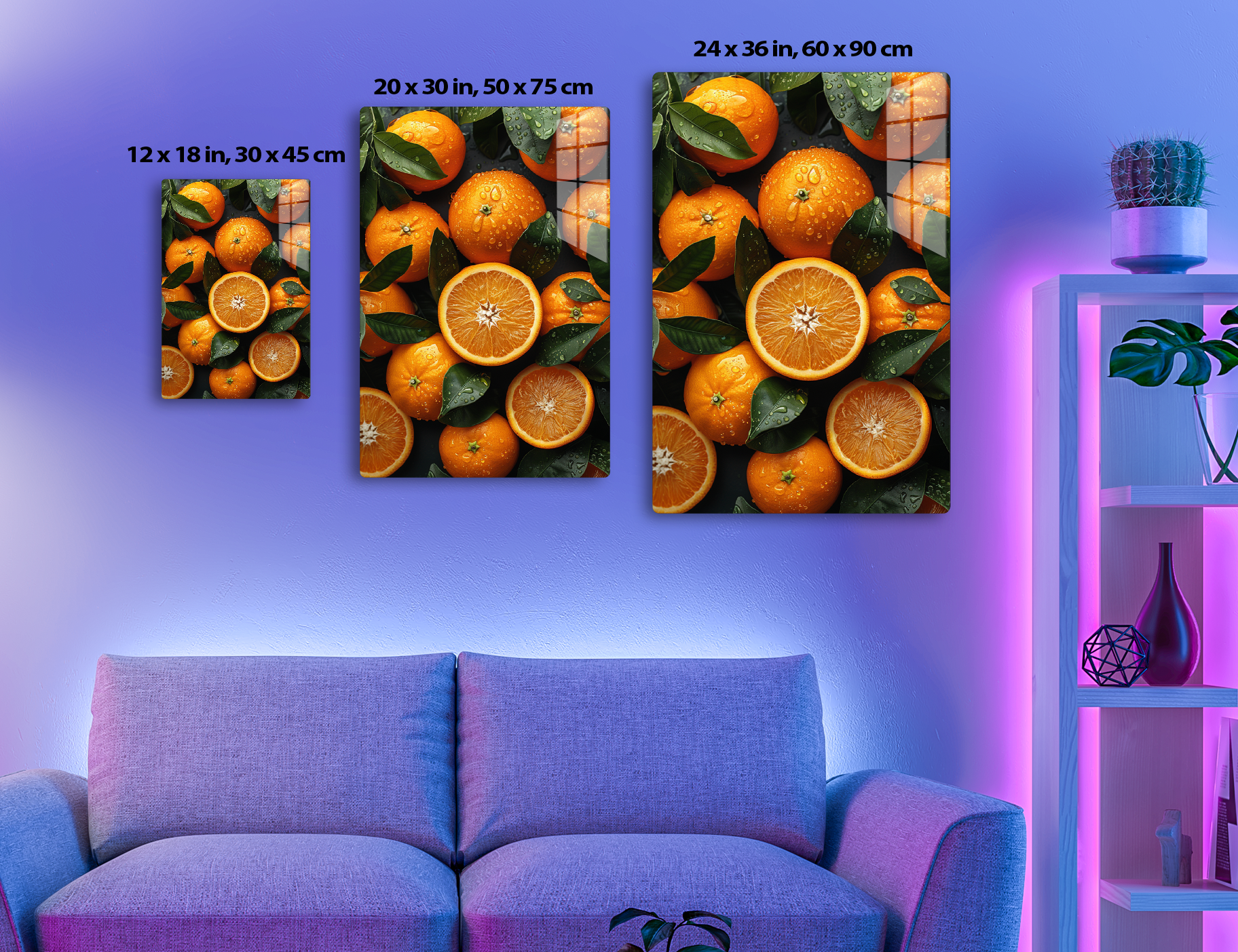 Ripe oranges with water droplets surrounded by green leaves, halved oranges showing their juicy star-shaped interior.
