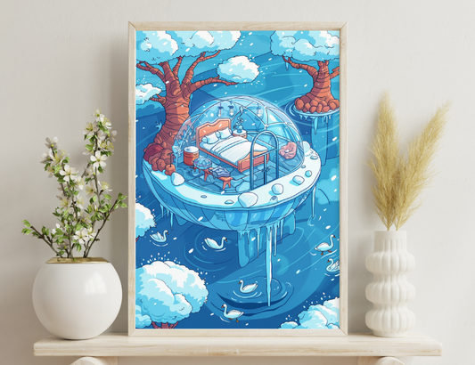 A whimsical scene depicting a cozy bedroom encapsulated within a transparent bubble suspended among clouds, with twisting tree branches framing the dreamlike environment, and swans gliding on the misty blue waters below.
