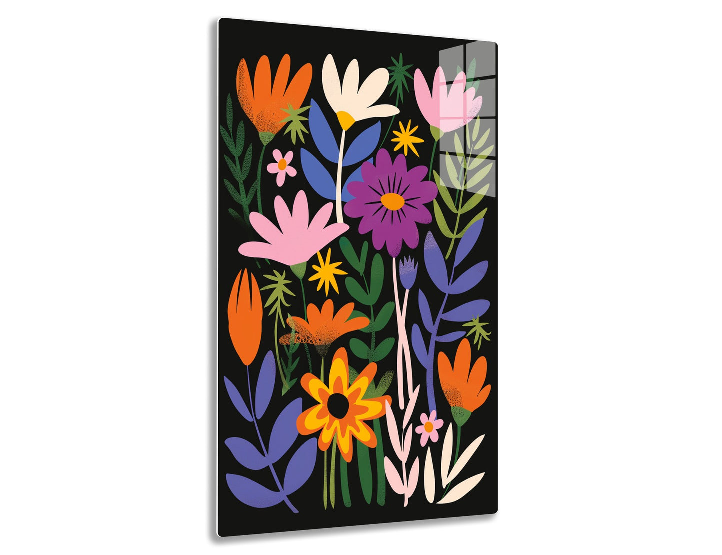 An abstract floral design featuring stylized flowers in bright colors like orange, yellow, pink, purple, blue, and green against a black background.
