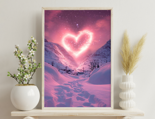 A serene snowy valley with a heart-shaped formation of glowing pink clouds and stars in the sky, creating a magical, romantic atmosphere.
