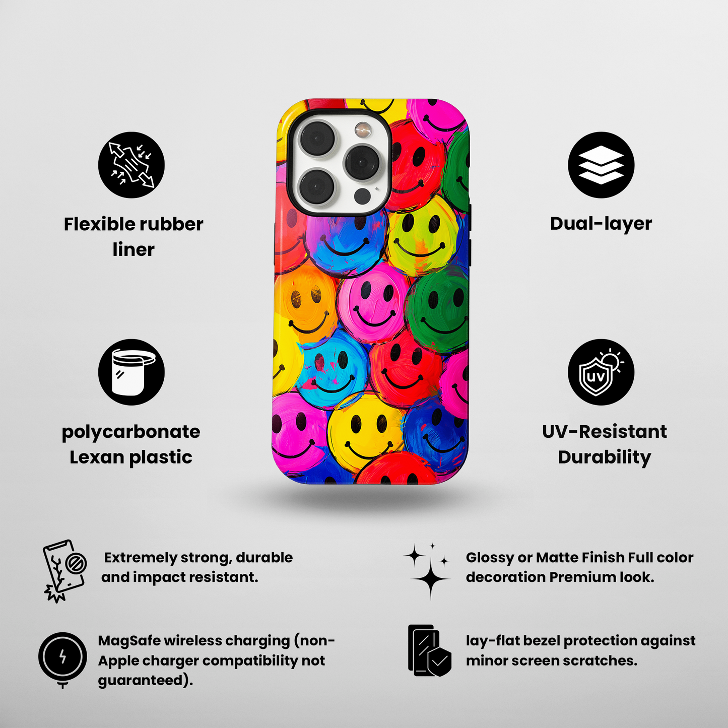 Colorful Smiley Face (iPhone MagSafe Case)Elevate your iPhone's protection and style with RimaGallery's Colorful smiley face on iphone MagSafe Case against a dark backdrop. Enjoy dual-layer defense, vibrant RimaGallery