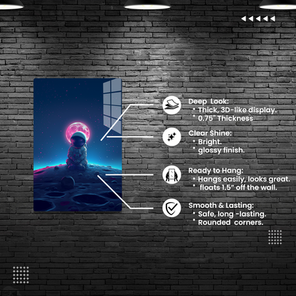 Cosmic Contemplation (Acrylic)Step into the universe with an astronaut in deep thought on the lunar surface under a glowing moon. Acrylic art from RimaGallery. Experience the cosmos in your home RimaGallery