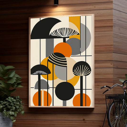 Geometric abstract illustration with black fan-like shapes, orange circles, gray curves, and black and white striped elements against a beige, orange, gray, and black background.
