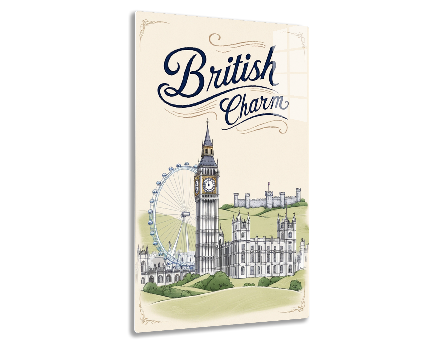 British Charm poster featuring iconic London landmarks like Big Ben clock tower, the London Eye Ferris wheel, and traditional architecture against floral borders.
