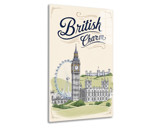 British Charm poster featuring iconic London landmarks like Big Ben clock tower, the London Eye Ferris wheel, and traditional architecture against floral borders.
