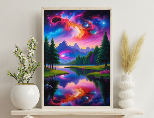 Vibrant nebula sky with fiery cosmic swirls mirrored in mountain lake surrounded by evergreen trees, depicting a surreal cosmic landscape.
