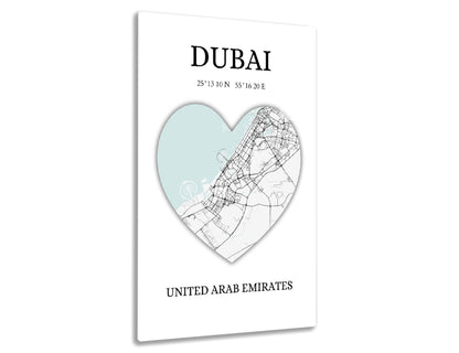 Dubai city map in heart shape with geographic coordinates, depicting the city's streets and locations against a teal background.

