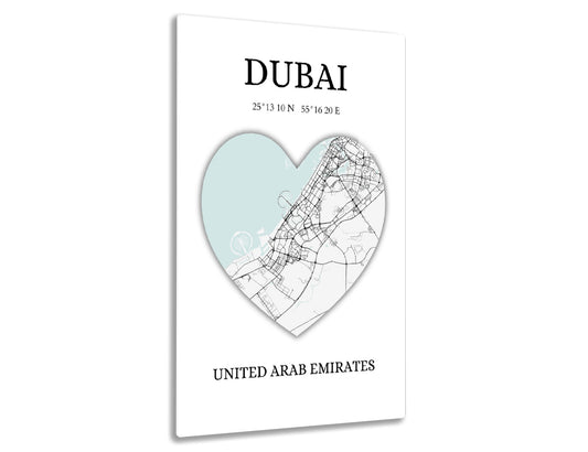 Dubai city map in heart shape with geographic coordinates, depicting the city's streets and locations against a teal background.
