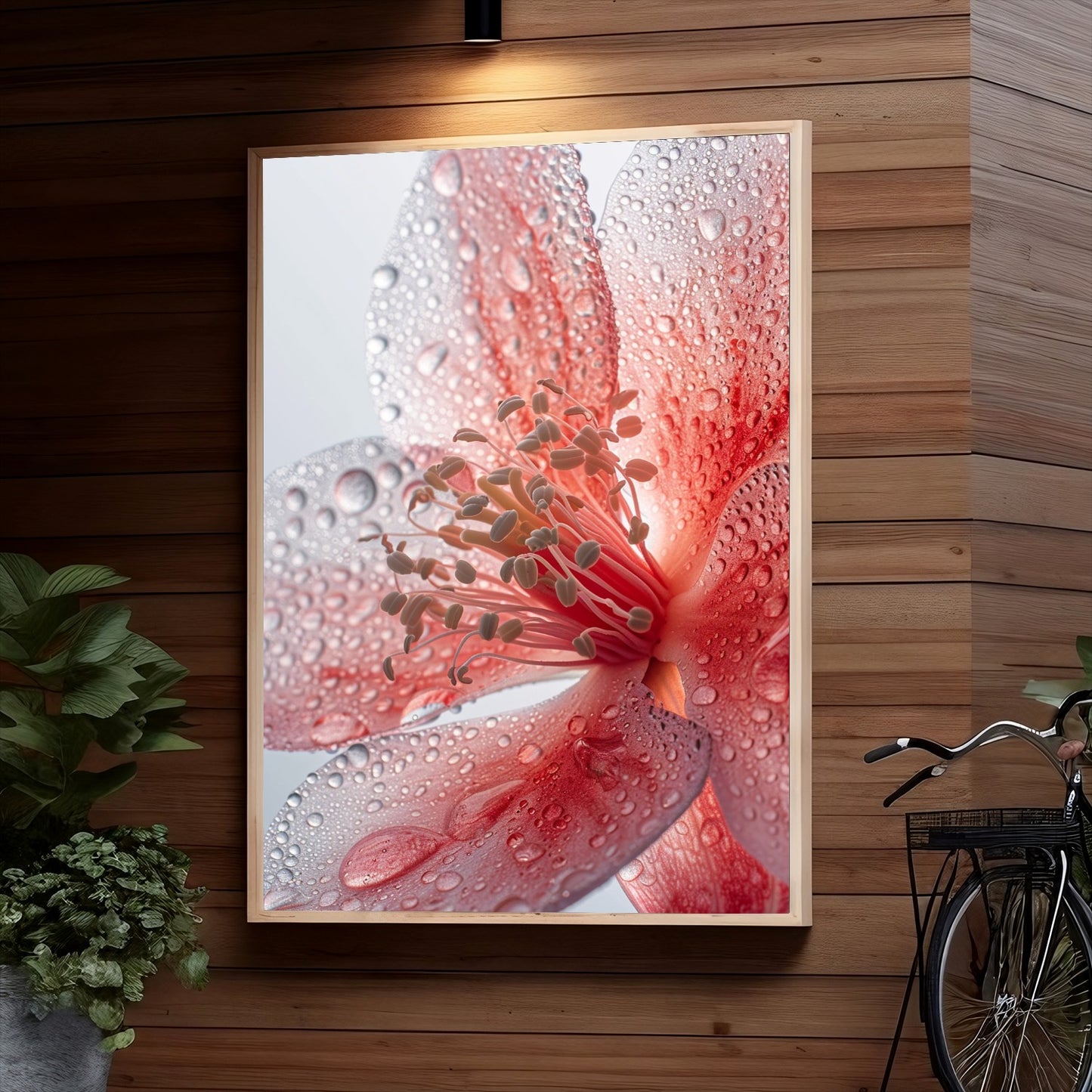 Water droplets cover the petals of a red flower, creating a glistening and intricate display of light refracting through the water beads, revealing the flower's delicate structure and textures.
