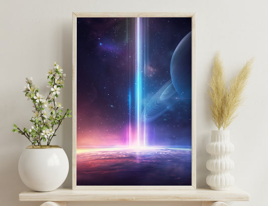 A cosmic scene depicting a radiant beam of light emanating from a celestial body, illuminating the atmosphere of a planet with vibrant hues of blue, purple, and orange against a starry backdrop.
