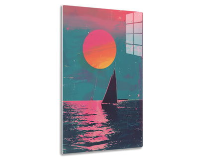A sailboat silhouette on pink and teal waters with a large orange sun or moon in a textured, abstract style.
