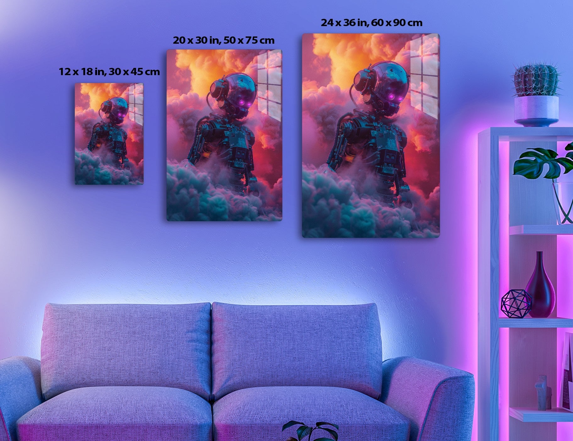 A futuristic astronaut suit floats among vibrant orange and pink clouds against a dramatic sky, with intricate mechanical details and glowing lights giving it a surreal, otherworldly appearance.
