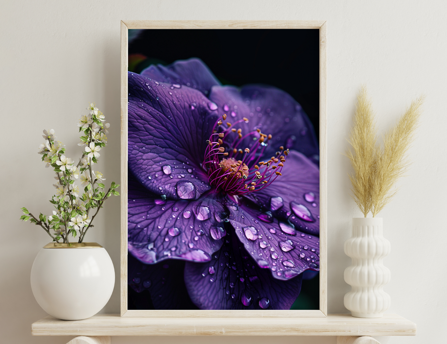 Purple flower petals with water droplets, highlighting the intricate texture and vibrant stamen in the center.
