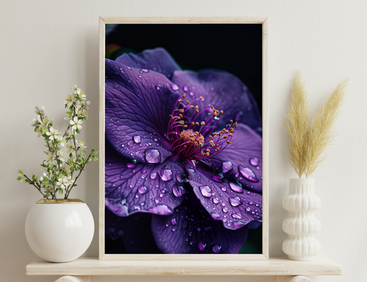 Purple flower petals with water droplets, highlighting the intricate texture and vibrant stamen in the center.
