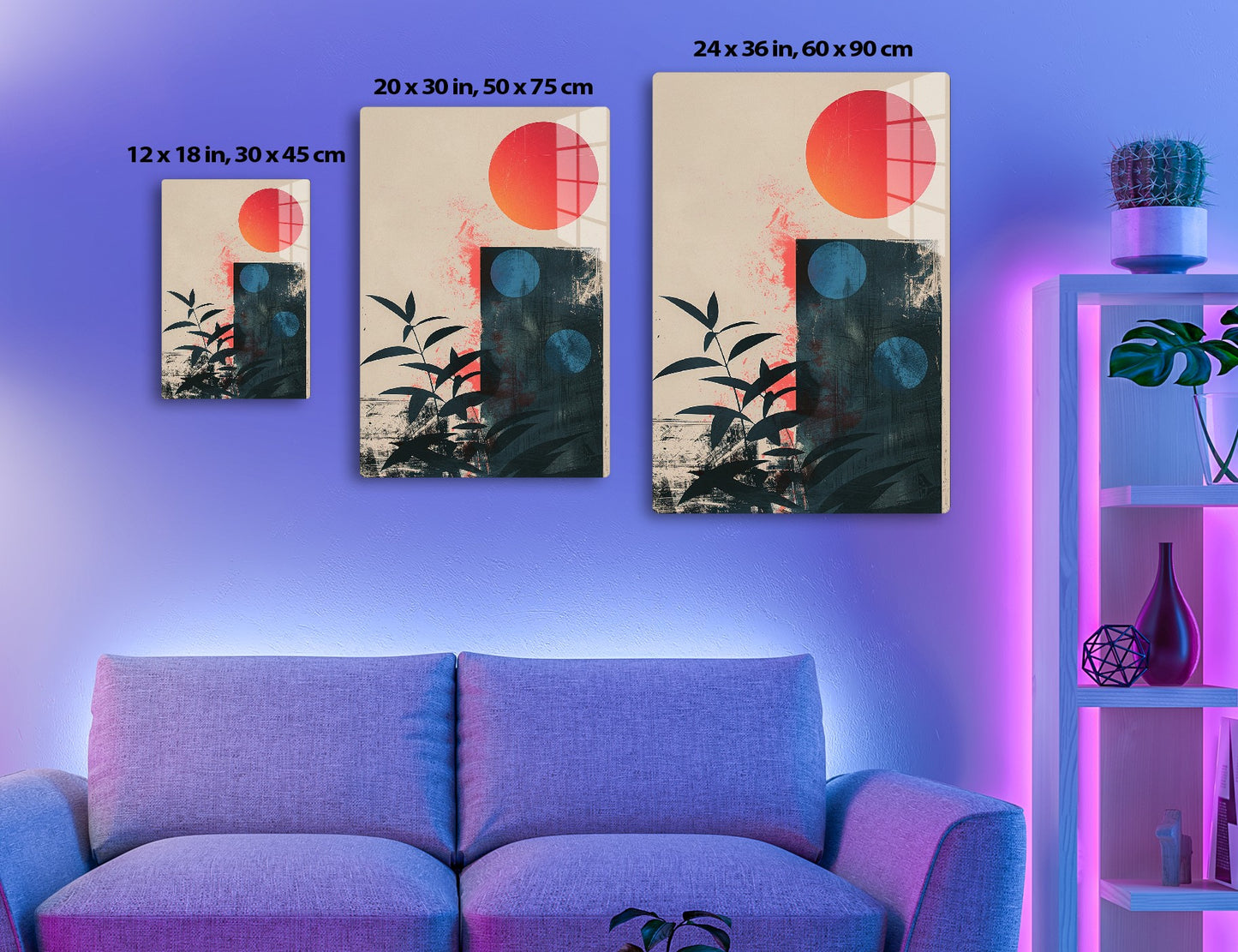 A contemporary abstract artwork featuring a large red-orange sun or circle, blue circles, a black silhouetted plant or leaves, and textured layers with splatters in shades of red, orange, blue, and black.
