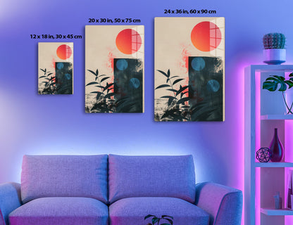 A contemporary abstract artwork featuring a large red-orange sun or circle, blue circles, a black silhouetted plant or leaves, and textured layers with splatters in shades of red, orange, blue, and black.
