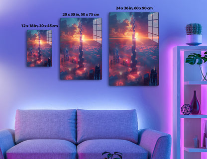 A futuristic skyline with towering skyscrapers piercing through fiery clouds at sunset, creating a stunning and surreal atmosphere.
