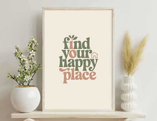 "Find your happy place" text design in green and brown shades with leaf and house icons, promoting a cozy and joyful living environment.
