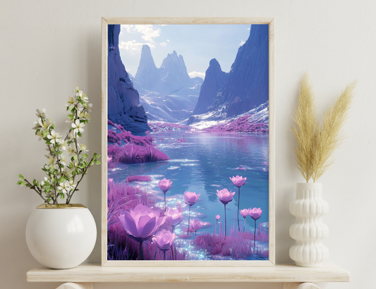 A serene lake surrounded by majestic snow-capped mountains and vibrant pink lotus flowers, creating a dreamlike and magical landscape.
