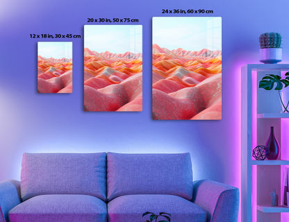 A breathtaking landscape of undulating hills and ridges in vibrant shades of orange, pink, and red, creating an abstract and otherworldly scene reminiscent of eroded, colorful geological formations.
