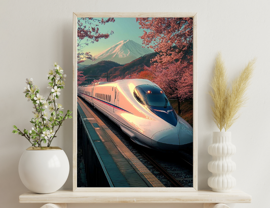 A high-speed bullet train on tracks framed by cherry blossom trees, with the majestic Mount Fuji in the background during sunset.
