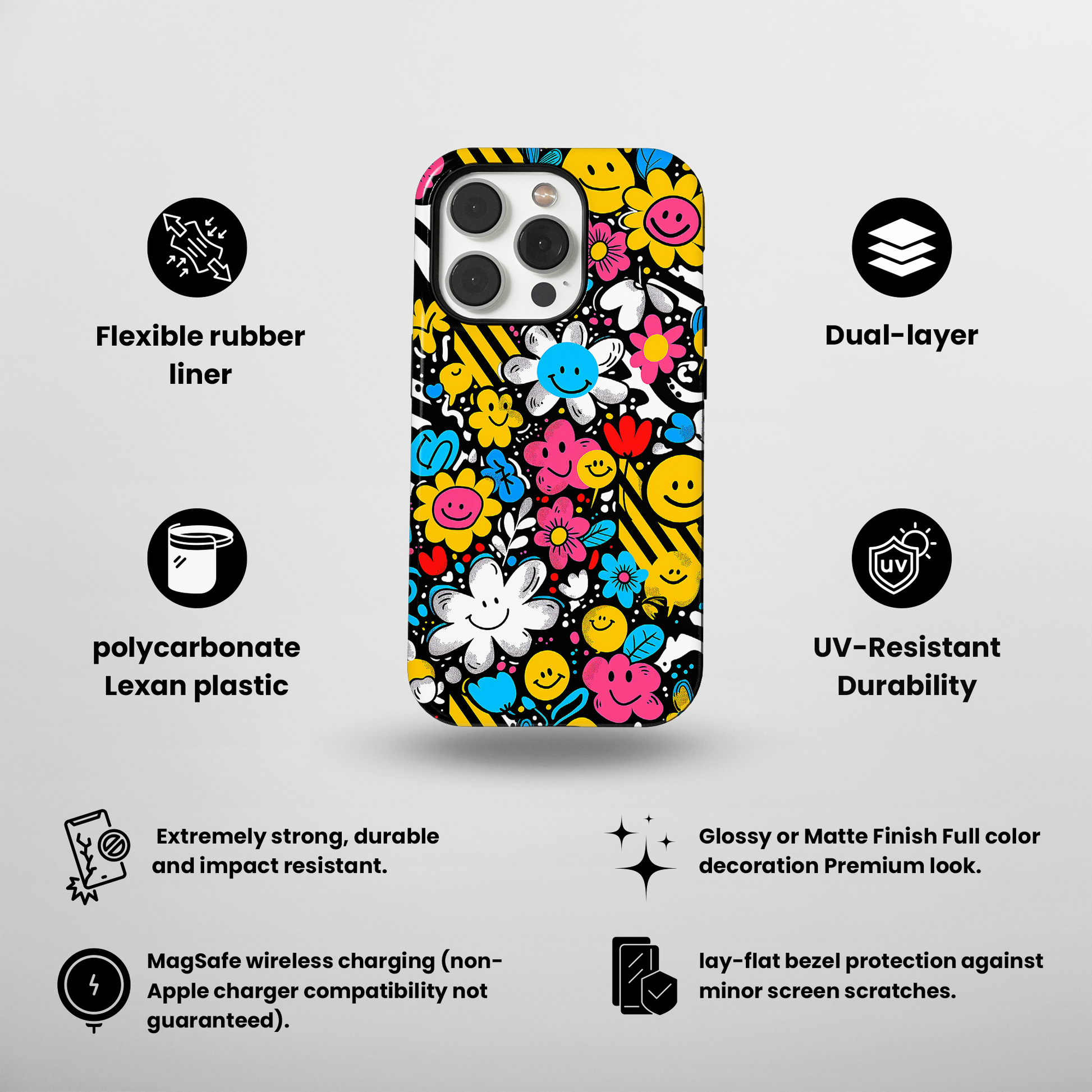 Cheerful Smiley Faces (iPhone MagSafe Case)Elevate your iPhone's protection and style with RimaGallery's A playful phone case with a cheerful mix of smiley faces and colorful flowers on iphone MagSafe Case agRimaGallery
