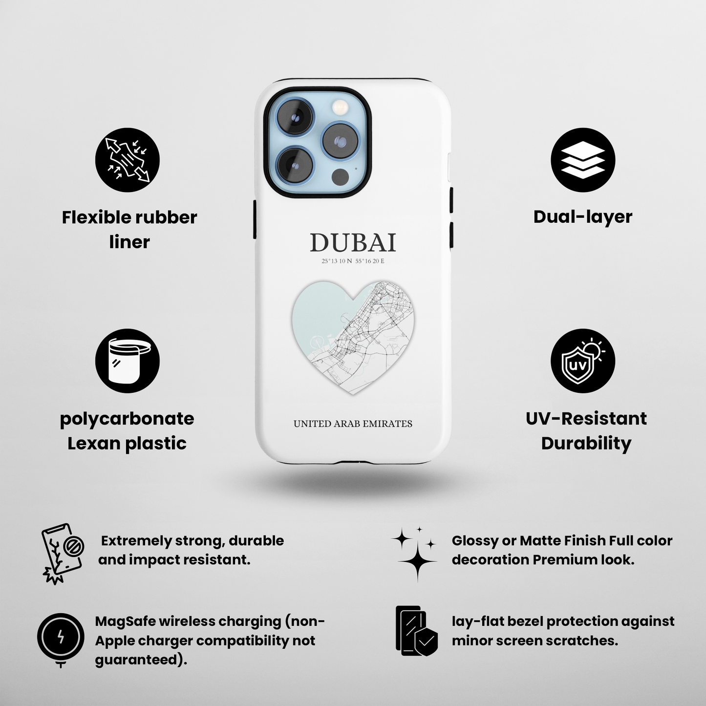 Dubai Heartbeat - White (iPhone MagSafe Case)Celestial Drive Revolutionize your iPhone's look and feel with RIMA Tough Phone Case – ultimate protection meets elegant style for iPhone 11-15. Grab yours now! 🛡️?imaGallery