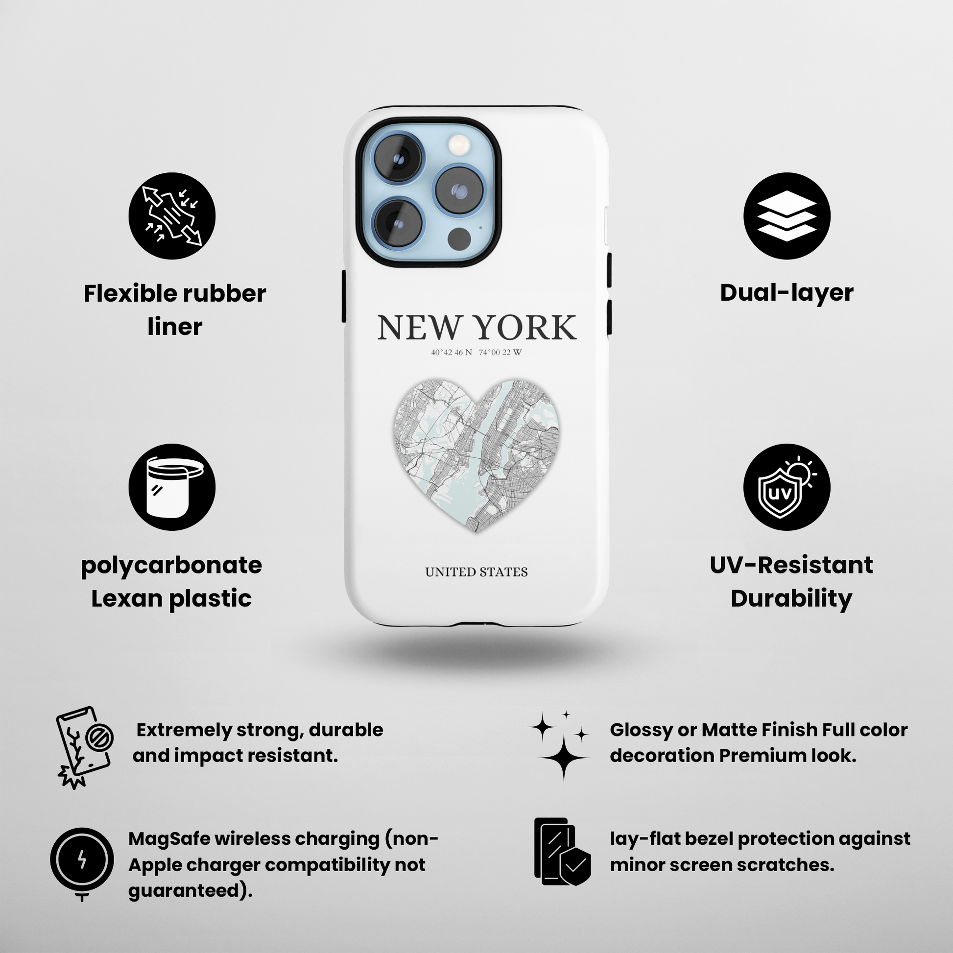 Elevate your iPhone's style with the Dubai Heartbeat White MagSafe Case, offering robust protection, MagSafe compatibility, and a choice of matte or glossy finish. P-York Heartbeat - White (iPhone MagSafe Case)
