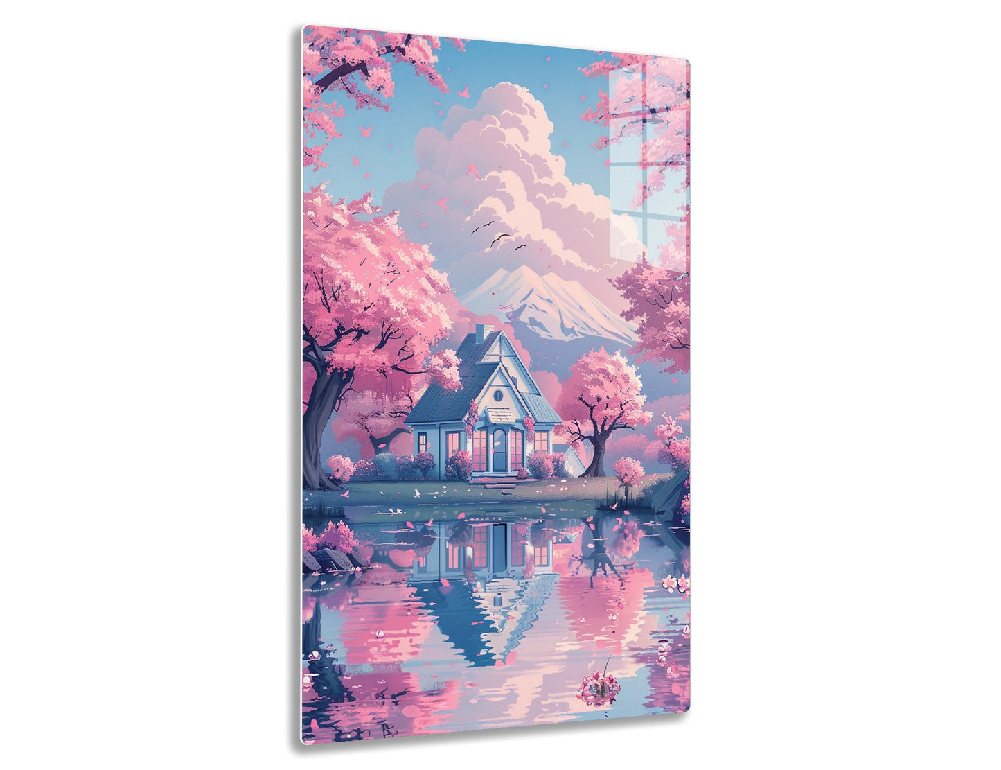 A serene pink blossom landscape with a cozy house reflecting in a pond before a snow-capped mountain and flocks of birds in the sky.

