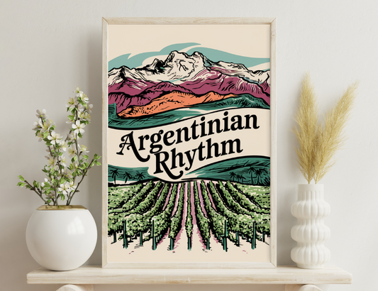 A vintage-style illustration featuring snow-capped mountains, vineyards, and the text "Argentinian Rhythm" in a stylized font, evoking the scenic landscapes and wine culture of Argentina.
