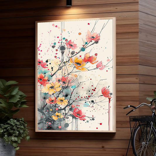 Vibrant abstract floral artwork featuring colorful splashes and detailed watercolor paintings of flowers in shades of pink, orange, and yellow with black ink accents on a white background.
