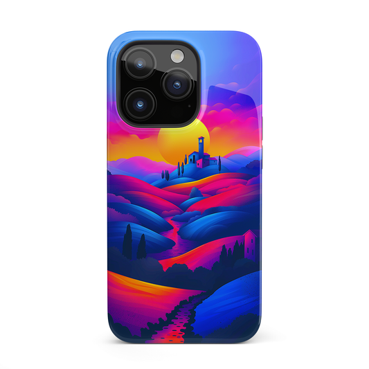 Sunset Serenity (iPhone Case 11-15)Elevate your iPhone's protection and style with RimaGallery's Vivid sunset over rolling hills illustrated On case, featuring dual-layer defense and a sleek, glossy fRimaGallery