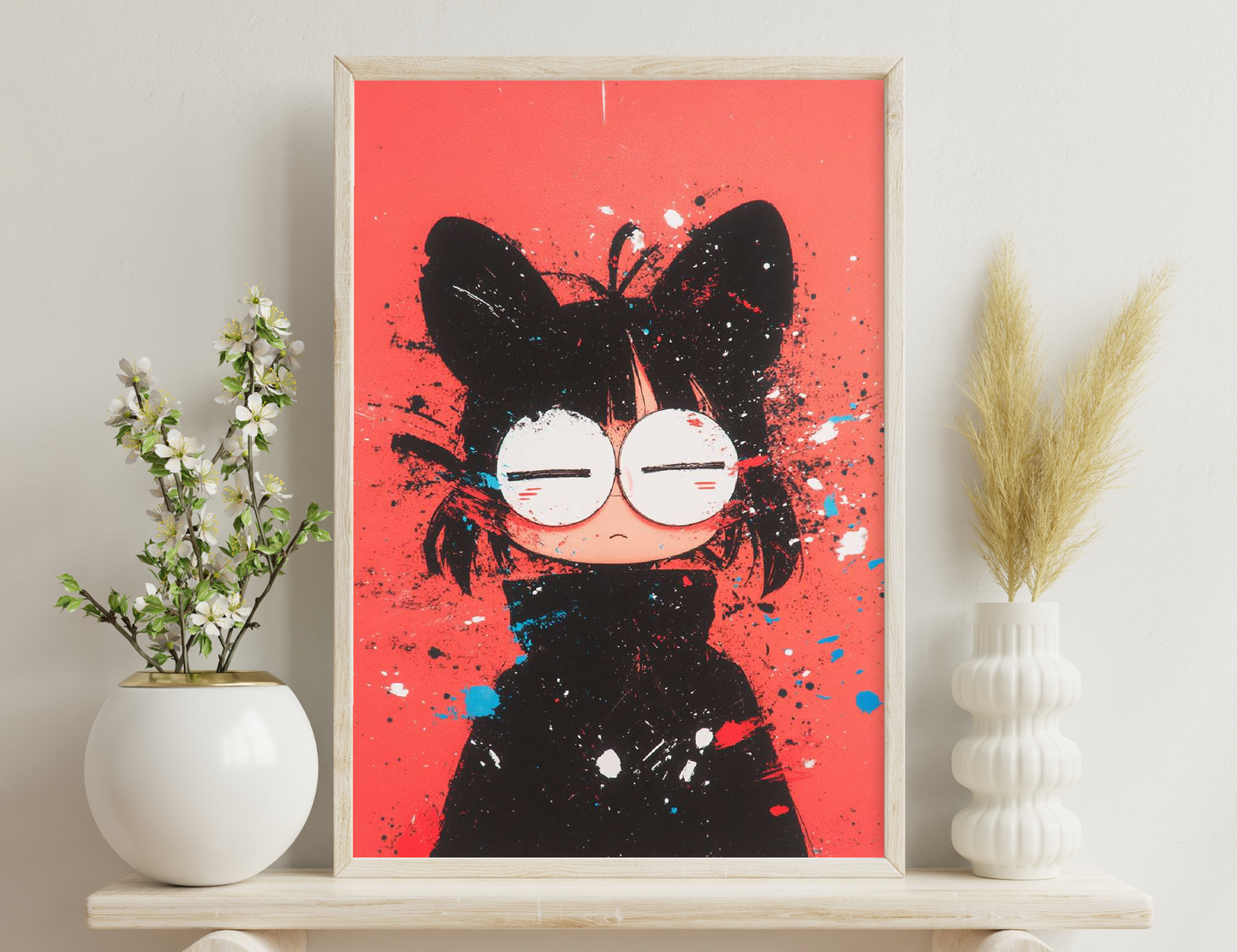 A cartoon illustration of a black cat with large white eyes and a mischievous expression, surrounded by colorful paint splatters on a red background.

