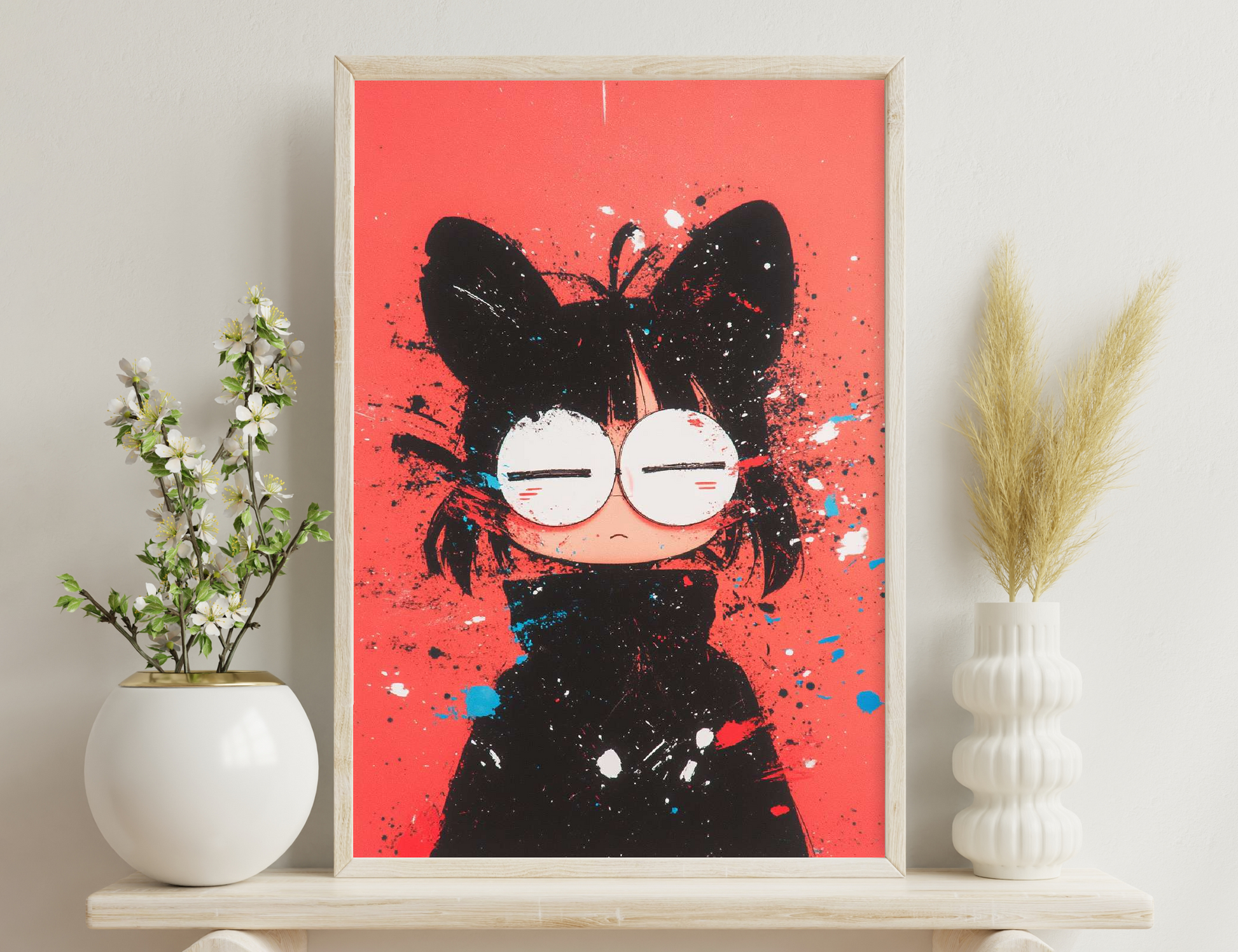 A cartoon illustration of a black cat with large white eyes and a mischievous expression, surrounded by colorful paint splatters on a red background.
