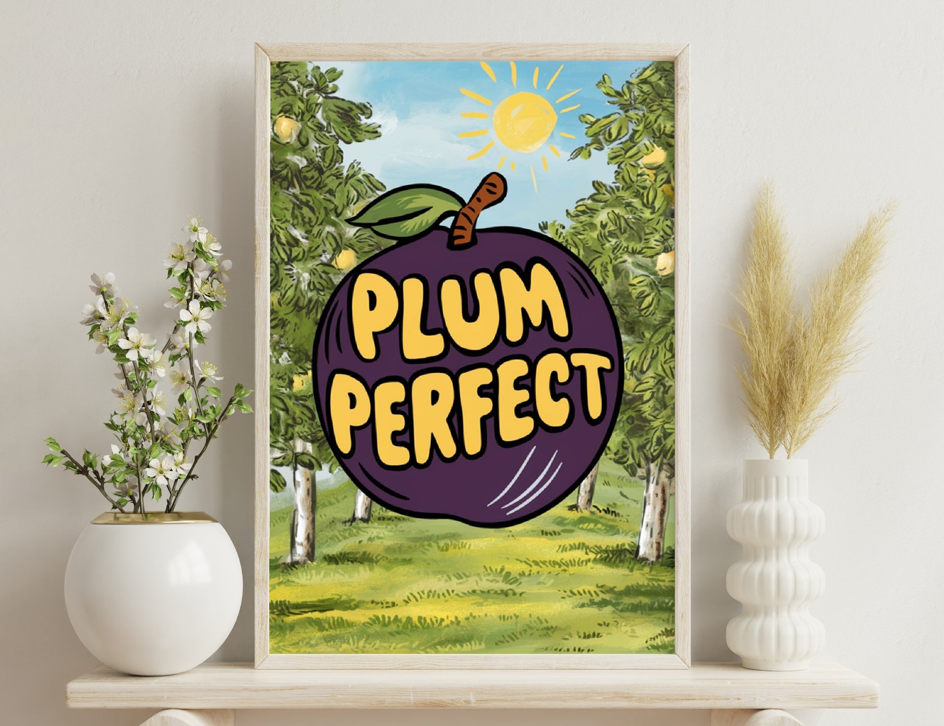 A plum-shaped logo with the words "Plum Perfect" written on it, set against a backdrop of a sun, trees, and a plum orchard scene, promoting the freshness and quality of the plum product.
