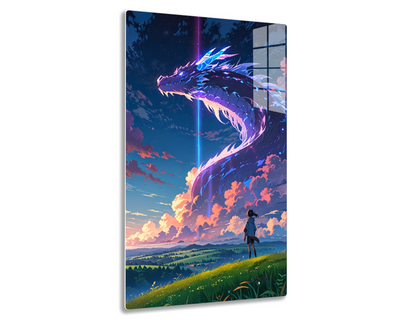 A colossal, luminescent dragon soars amidst vibrant clouds and a beam of energy, witnessed by a small figure standing in an idyllic landscape below.
