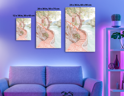 A pink stone staircase winds down a cliffside towards a serene lake, with a vine-covered cottage perched above and a gnarled tree providing shade over the idyllic scene.
