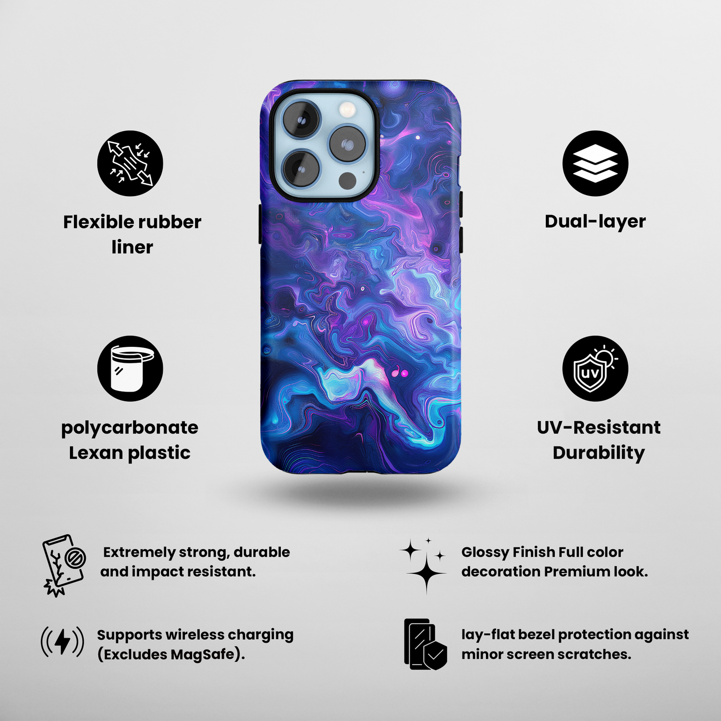 Nebula Swirl (iPhone Case 11-15)Elevate your iPhone's protection and style with RimaGallery's TVibrant cosmic swirls in a nebula palette On case, featuring dual-layer defense and a sleek, glossy fiRimaGallery