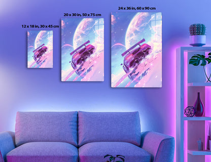 A futuristic purple sports car blasting through cosmic clouds, with a vibrant nebula and planet landscape in the background, creating a dreamlike, high-speed intergalactic scene.
