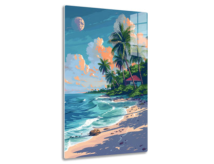 A picturesque sunset beach scene with tall palm trees, a small house, orange clouds in a blue sky with a crescent moon, and waves gently lapping on the sandy shore.
