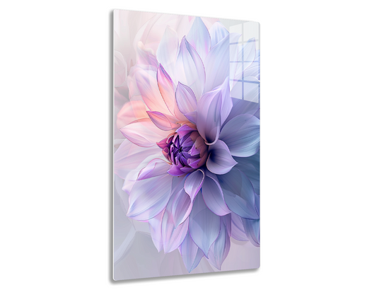 A close-up of a lavender dahlia flower with delicate ruffled petals radiating in shades of pink, purple, and blue, creating an ethereal and dreamlike effect.
